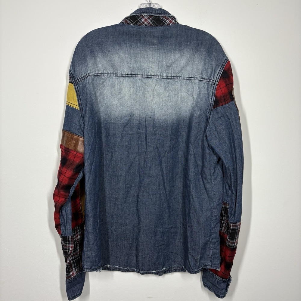 Heritage America Men 2XL Denim Jacket Grunge Flannel Patch Distressed Streetwear - Picture 8 of 15